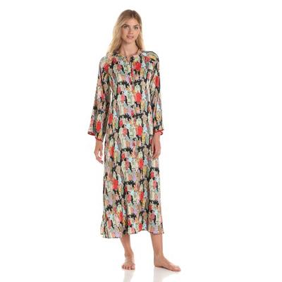 Natori Women's Printed Charmeuse Zip Caftan, Black, X-Large