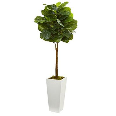 Nearly Natural Artificial 4' Fiddle Leaf Tree in White Tower Planter, Green